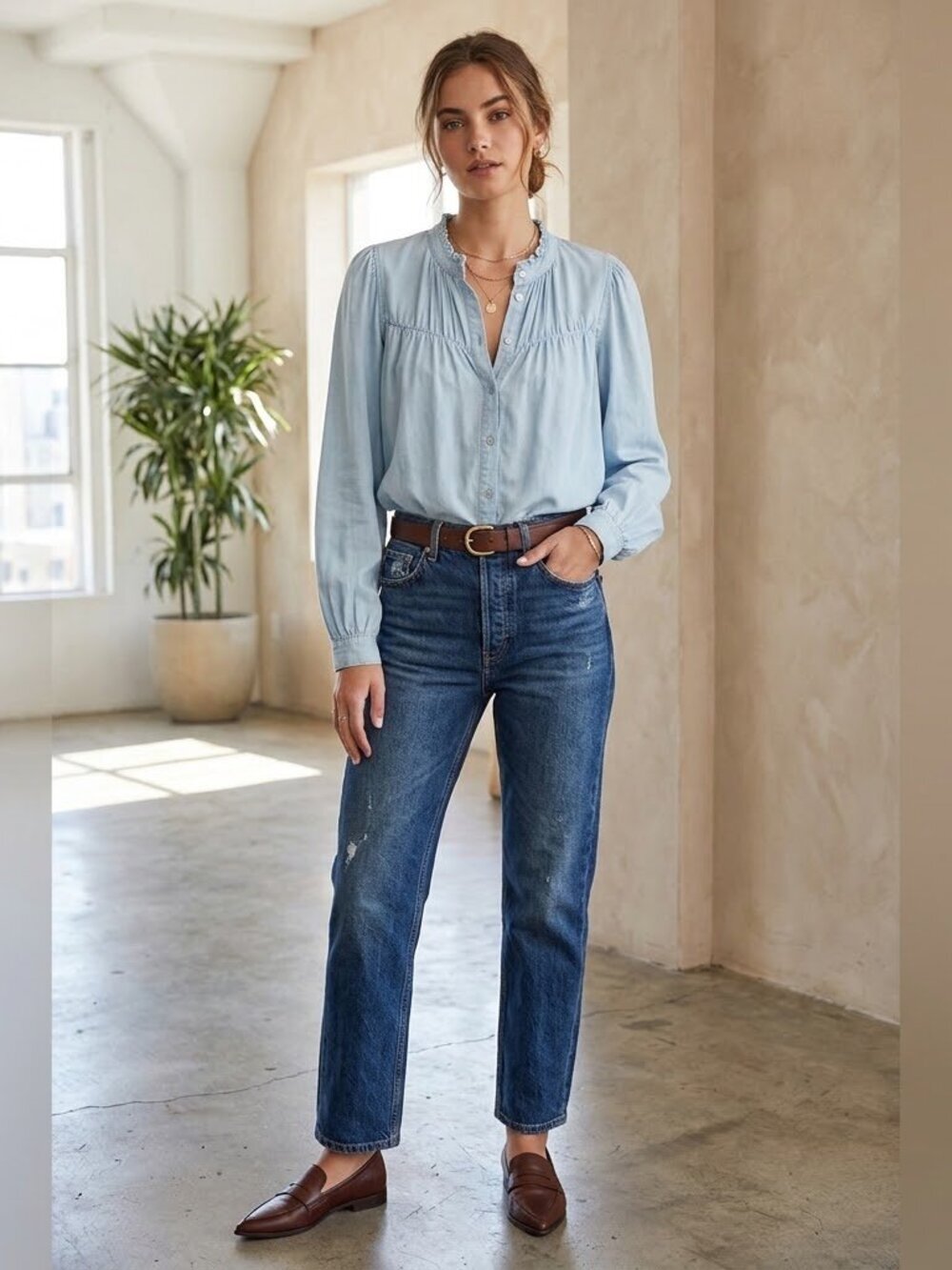 Rails Blue Button Down Blouse with Mandarin Collar